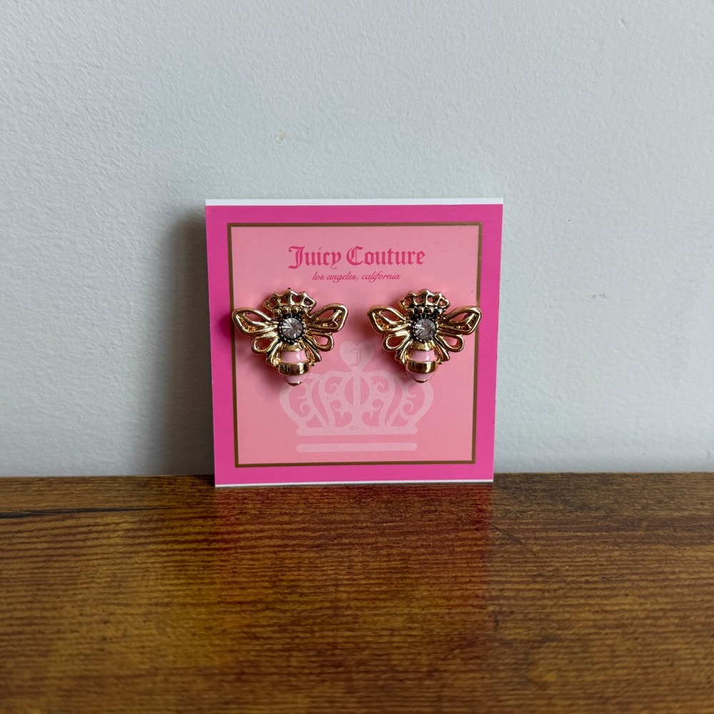 New Juicy Couture Gold Tone Bee Stud Earrings Cute Pink Sparkly Jewelry Crown